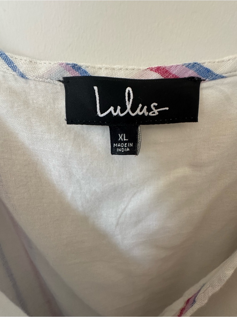 Lulu's White V-Neck Wrap Dress with Pastel Blue, Green, Pink and Red stripes - Picture 3 of 5
